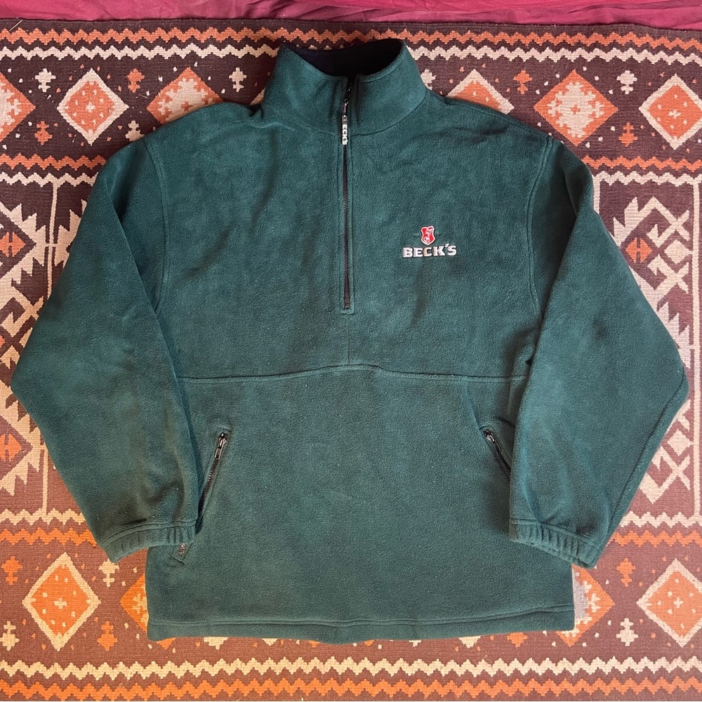 VTG Charles River Apparel Becks Beer Green Pullover Anorak Fleece Jacket Large